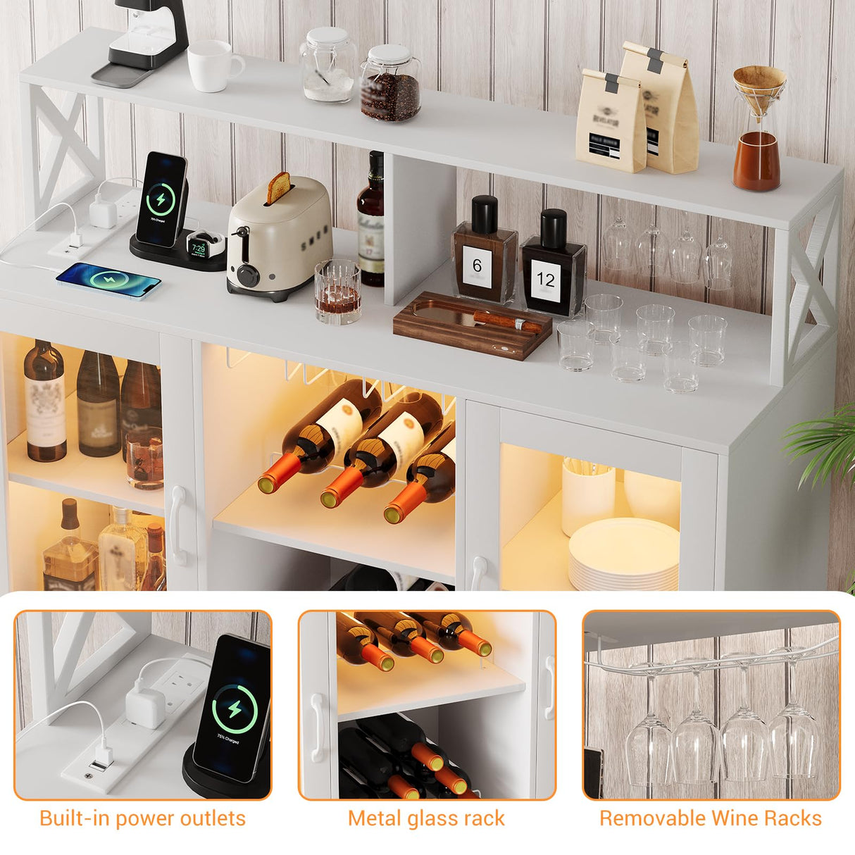 CuisinSmart Wine Bar Cabinet with LED Light, Industry Coffee Bar Cabinet with Wine Rack, Glass Holder, and Power Outlets, Kitchen Sideboard Buffet Cabinet for Living Room Dining Room, White CuisinSmart