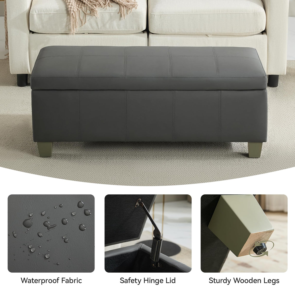 WUTUTUEE 41" Faux Leather Storage Ottoman, Stitch Tufted Rectangle Upholstered End of Bed Storage Bench, Entryway Large Couch Ottoman with Wooden Legs,Dark Grey WUTUTUEE