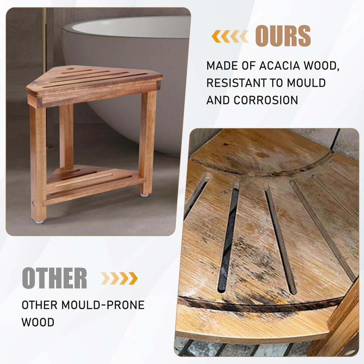 Boulphia Shower Foot Rest 14in, Acacia Wood Shower Stool for Shaving Legs, Waterproof Corner Shower Stool with Storage Shelf for Inside Small Shower Spaces Boulphia