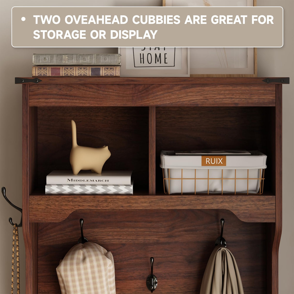 Maupvit Farmhouse Narrow Coat Rack with Shoe Storage, 6 Shoe Cubbies & 5 Coat Hooks, Entryway Furniture with Hall Tree, Ideal for hallways, Living Rooms and Mudrooms Maupvit