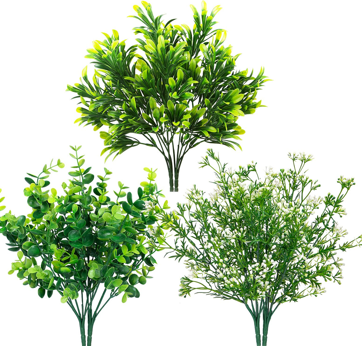 Ouddy Decor 6 Bundles Artificial Greenery Stems Mixed Fake Plants Eucalyptus Stems Babys Breath Faux Plastic Artificial Plants & Flowers for Outdoor Indoor Garden Home Window Box Decor Ouddy Decor