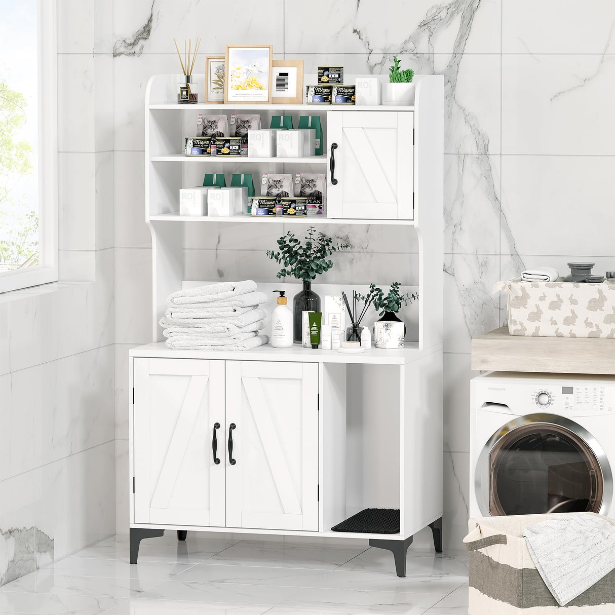 Litter Box Enclosure with Shelves and Doors, 2-in-1 Hidden Cat Litter Box Cabinet Furniture with Shelf, 51" Indoor Cat House Wood Sturdy Pet Washroom EcoSummer