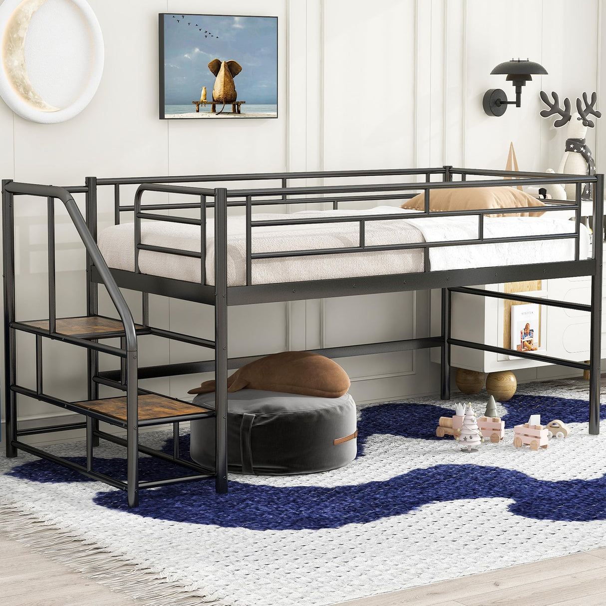 Twin Size Low Loft Bed for Kids,Metal Loft Bed Frame with Stair for Boys Girls,Kids Loft Bed Twin Size with Storage Steps,Black Bellemave