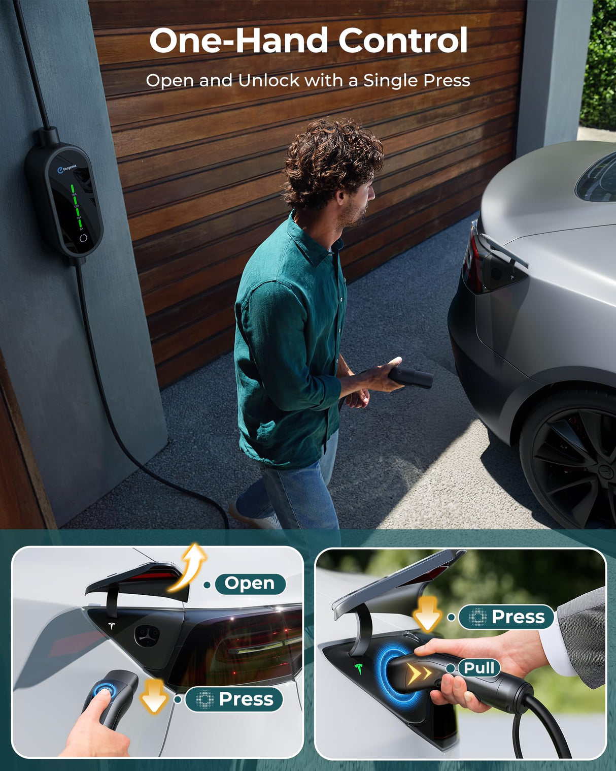 Ecogenix Level 1 & Level 2 EV Charger for Tesla Mobile Charging (16A, 110V-240V, NEMA 5-15 & NEMA 6-20 Plug) Adjustable Current with 21ft Cable, for Tesla Model Y/3/X/S/Cybertruck, Tesla Accessories Ecogenix