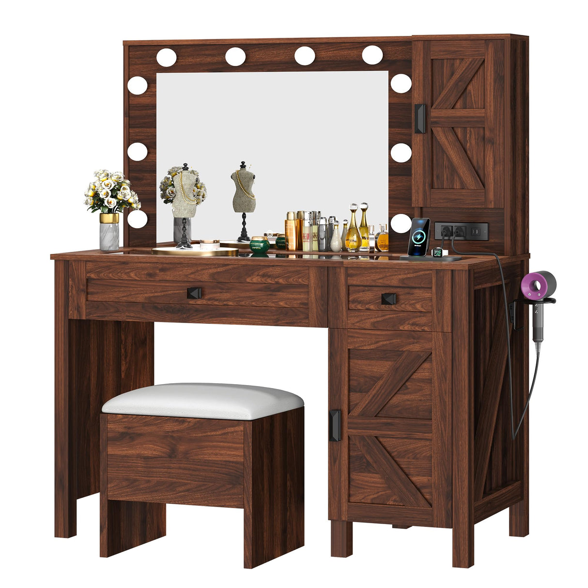 YITAHOME Farmhouse Vanity Makeup Desk with Charging Station, Large Vanity Desk with Lights Mirror and Drawers for Makeup, Modern Vanity Table Set with Vanity Stool for Bedroom, Rustic Brown YITAHOME
