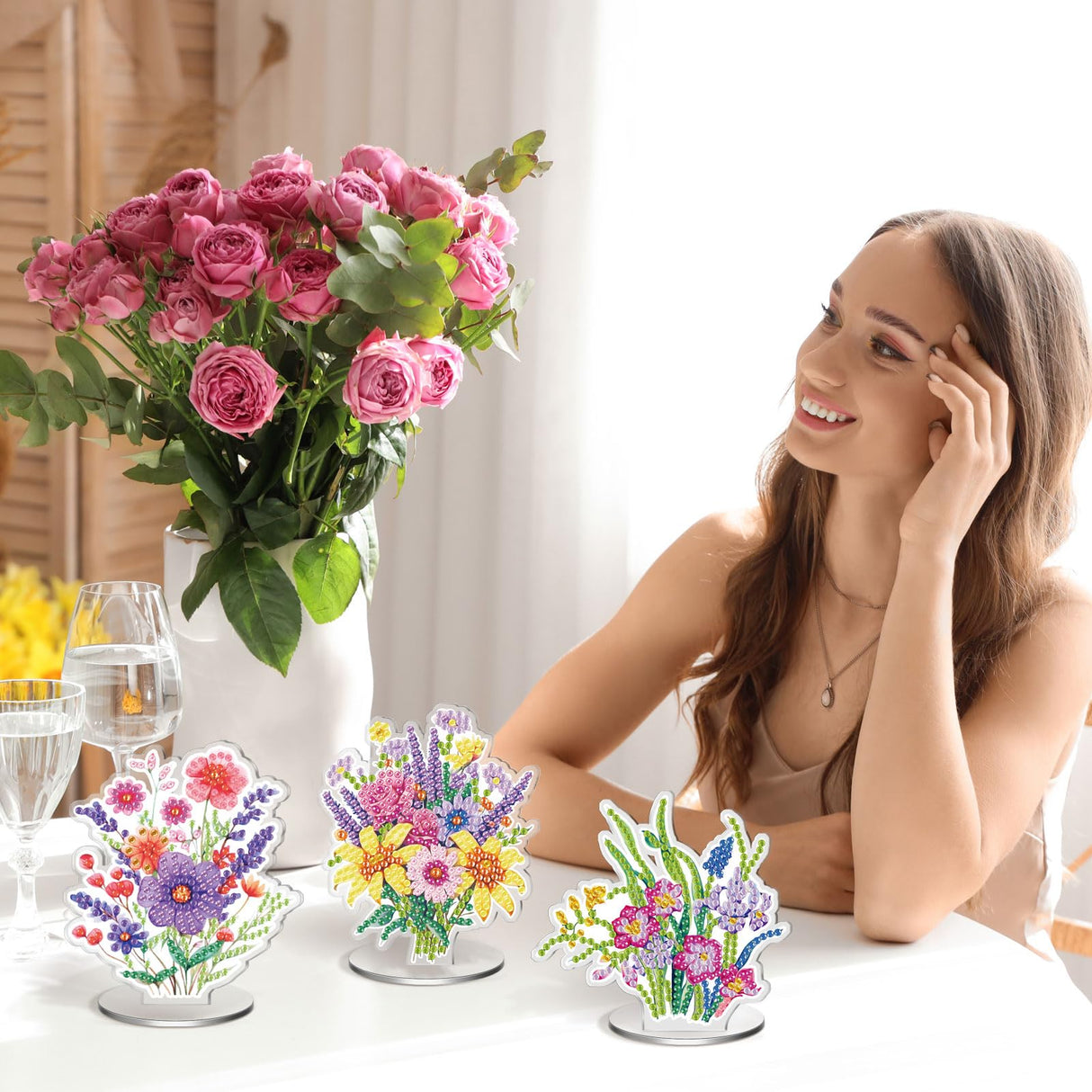 Kosiz 9 Pcs Diamond Painting Table Decorations Spring Wildflower Diamond Art Kits for Adults Double Sided Acrylic Flower Centerpieces Sign for Tabletop Beginner DIY Crafts Gifts Home Party Decor Kosiz