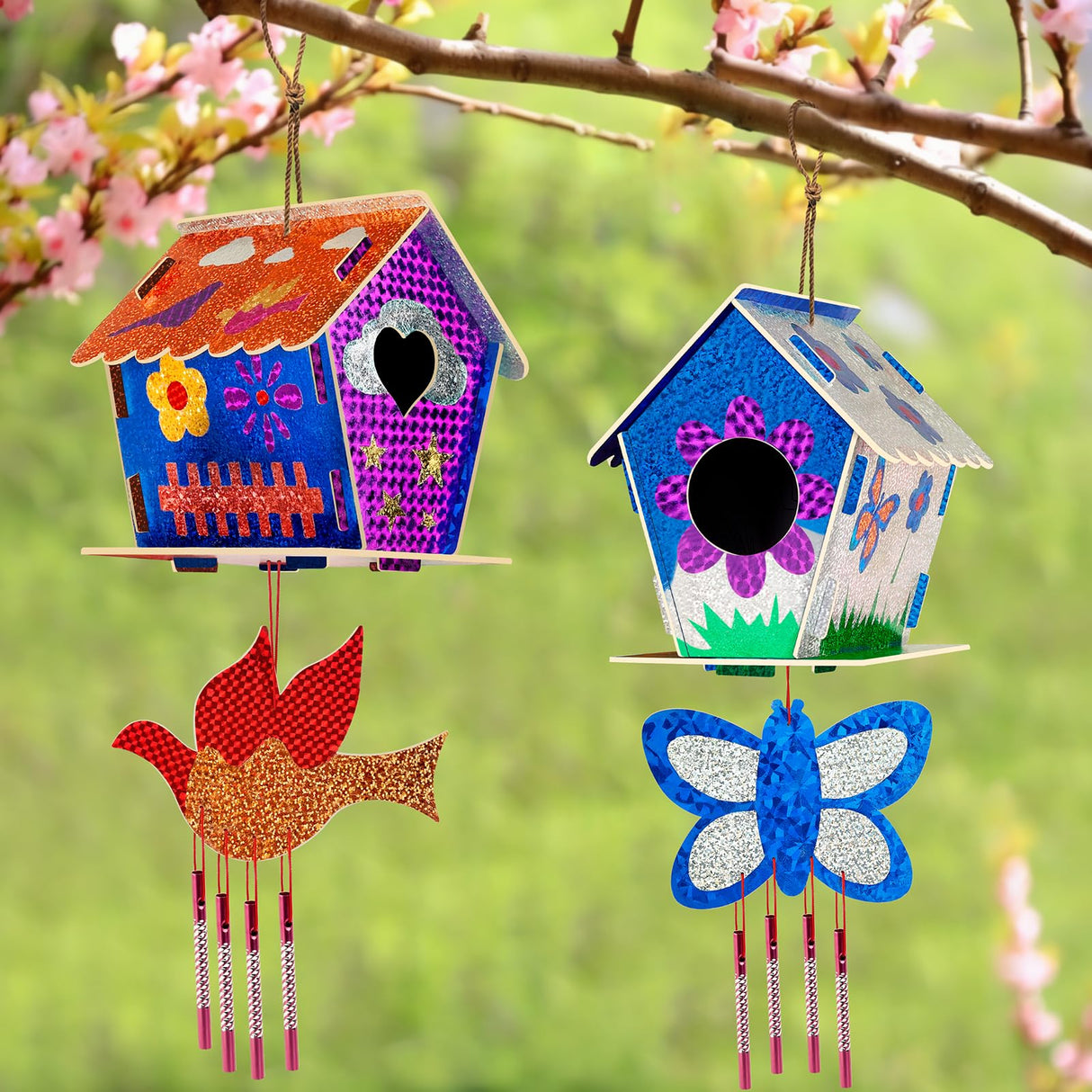 Kids Crafts for Ages 6-14, 2 Pack Montessori Bird House/Foil/Wind Chime/Stickers, Genius Designer DIY Birdhouse Wooden Art Set, Idea Birthday for Girl Boy Children 6 7 8 9 10 Year Old Jamboa