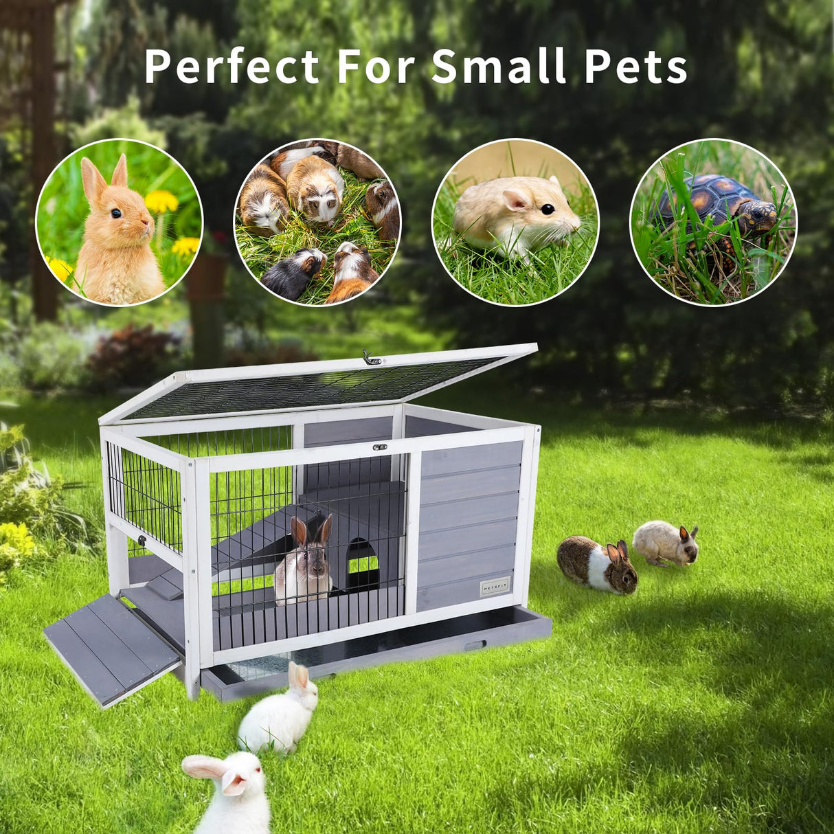 PETSFIT Guinea Pig House Leak Proof Design, Spruce Wood Rabbit Hutch with Bottom Net Hideout for Rest and Ramp for Enter and Out Solid Grey Petsfit