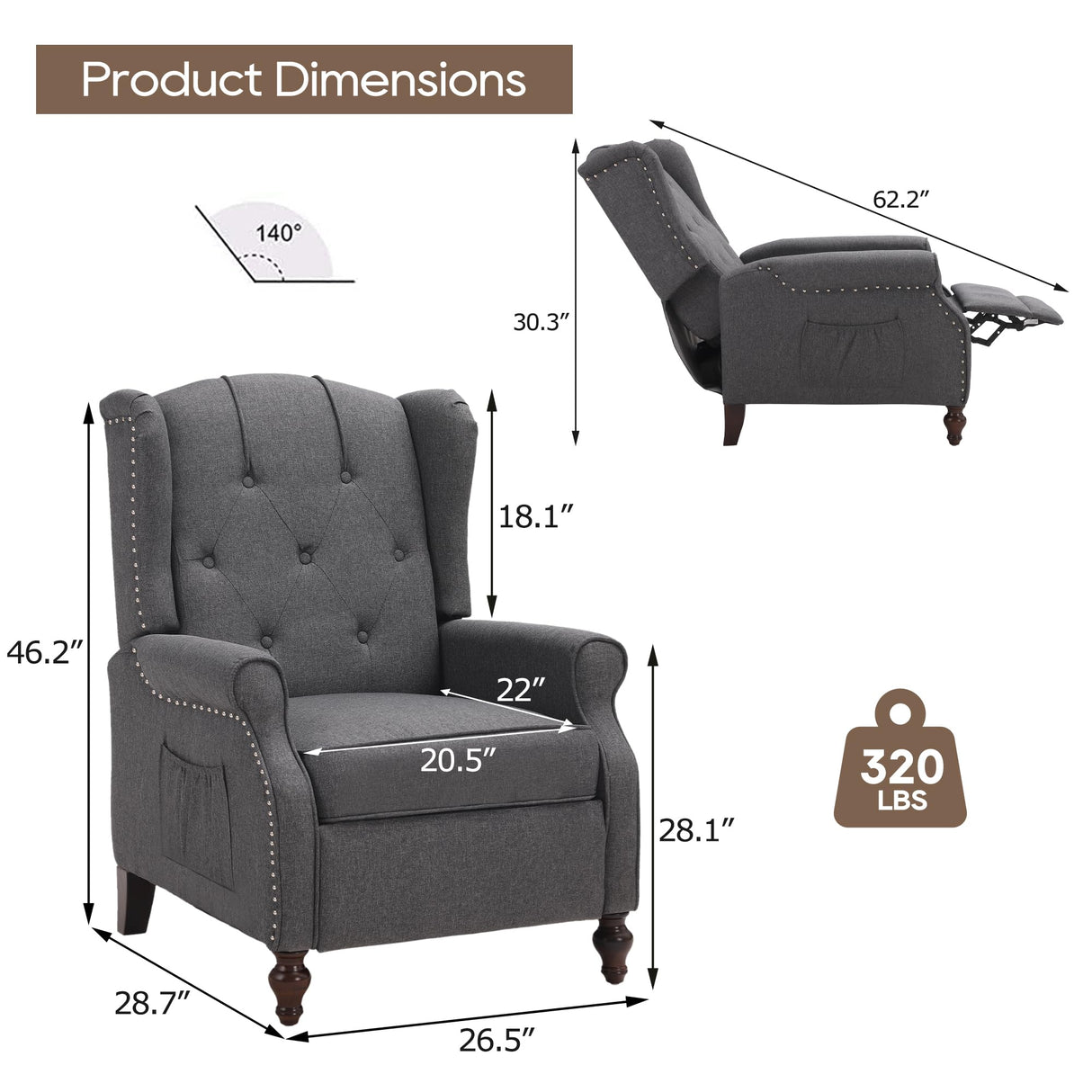 Consofa Wingback Recliner Chair with Massage and Heat, Tufted Fabric Push Back Recliner Chair for Living Room, Vintage Wingback Chair with Remote Control, Padded Cushion, Backrest, Wooden Legs Consofa