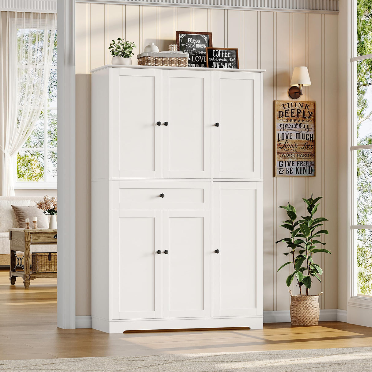 HOSTACK 68" Tall Kitchen Pantry Storage Cabinet, Modern Kitchen Hutch Cabinet with Doors and Shelves, Freestanding Food Pantry with Large Storage Drawer for Dining Room, Living Room, White HOSTACK