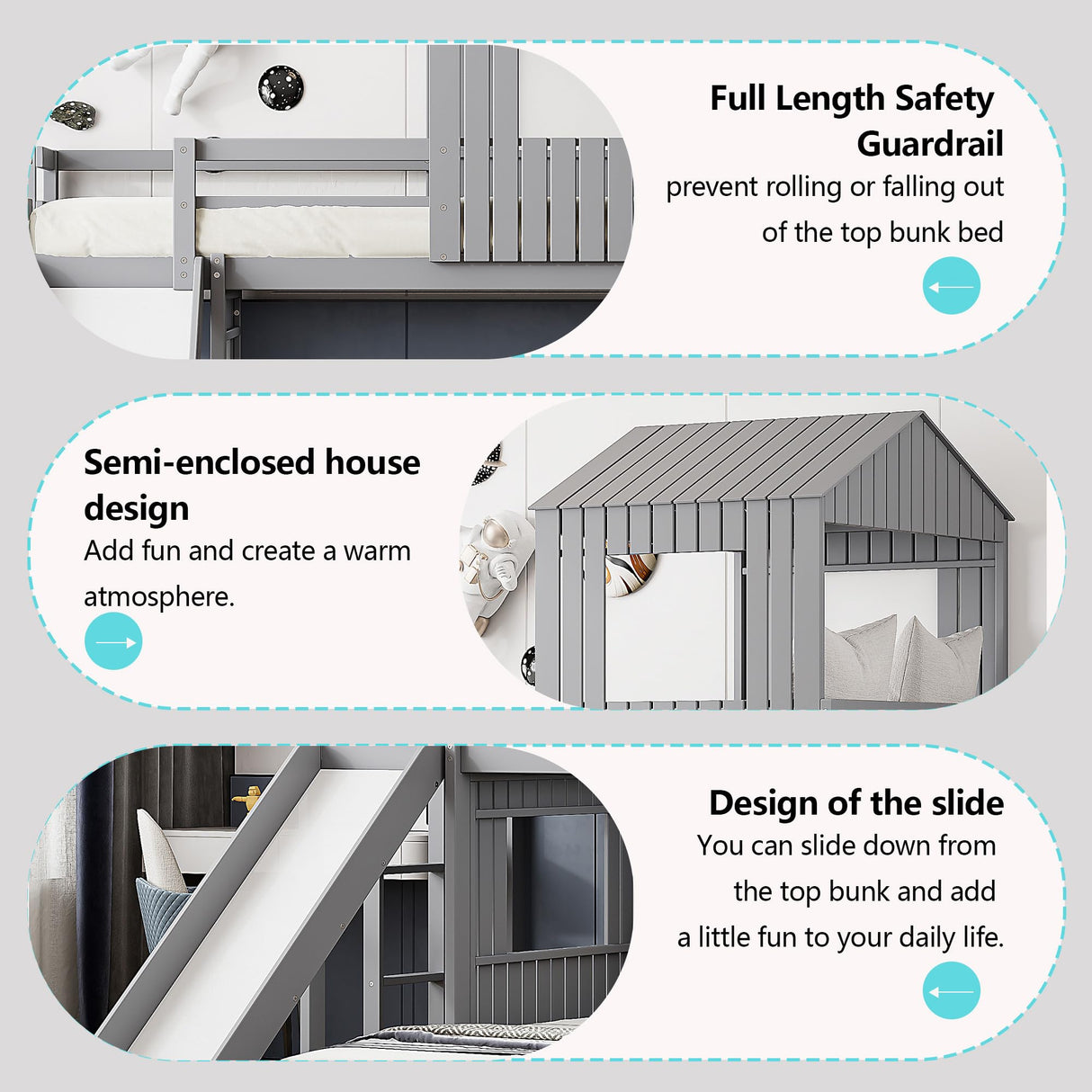 Harper & Bright Designs House Floor Bunk Beds with Slide, Wooden Twin Over Full Bunk Beds with Slide, Roof and Guard Rail for Kids, Teens, No Box Spring Needed (Gray, Twin Over Full Size) Harper & Bright Designs