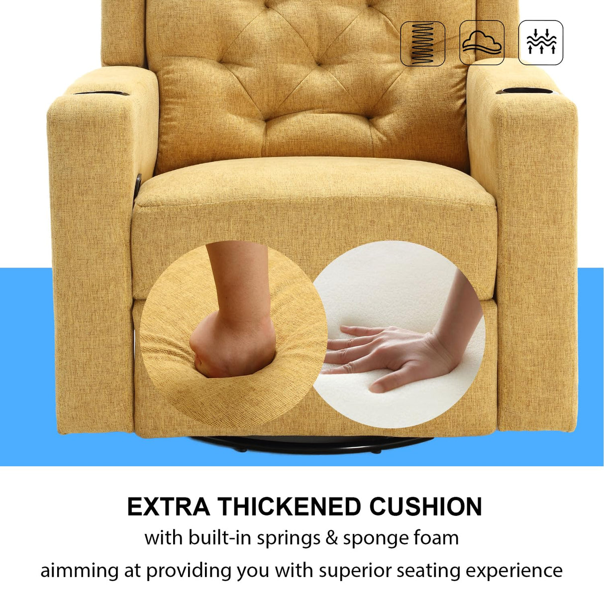 Comermax 330lbs Wide Seat Massage Swivel Rocker Recliners Oversized Yellow Manual Recliner Chairs with Cup Holders for Adults, Comfortable Reclining Rocking Glider Chair Comermax