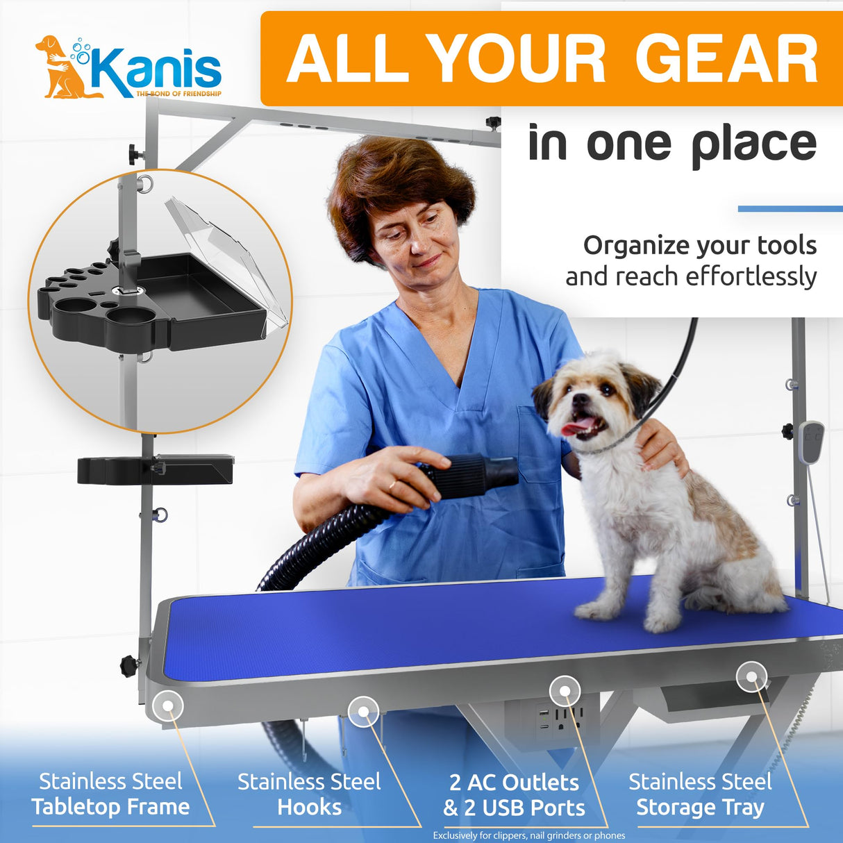 Professional Electric Dog Grooming Table - Heavy Duty, Height Adjustable Pet Grooming Table w/Leveling Wheels, Dog Grooming Arm, Anti Slip Tabletop & Tool Organizer/Dog Grooming Station (49", WHITE) KANIS