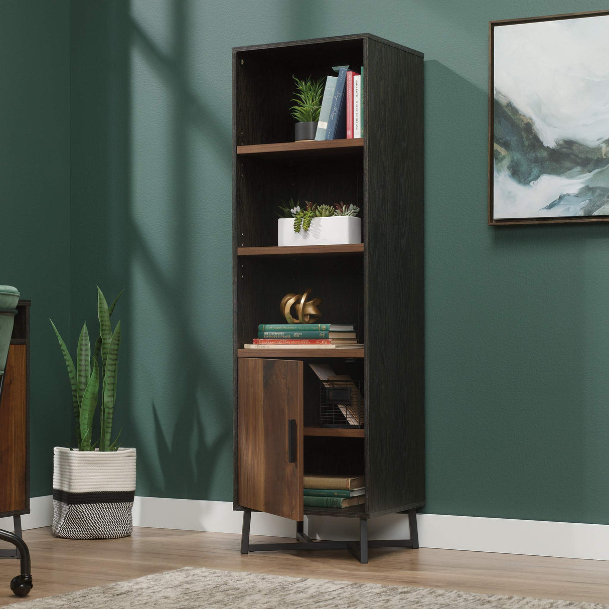 Sauder Canton Lane Industrial 3-Shelf Bookcase with Door/Book Shelf, Brew Oak Finish Sauder
