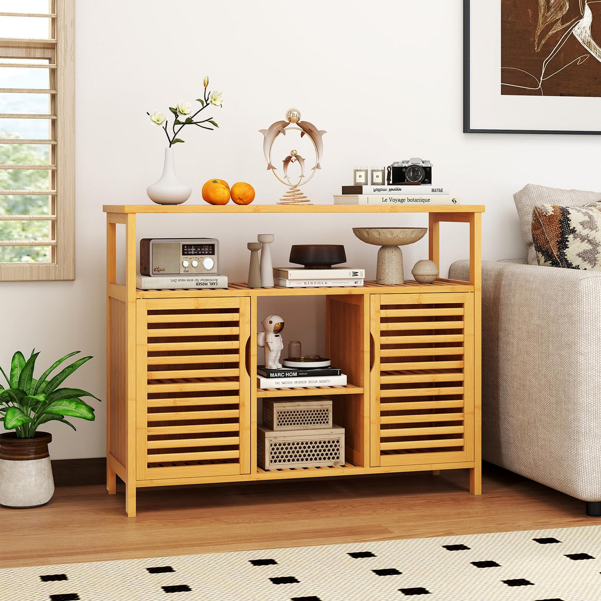 Giantex Bamboo Bathroom Storage Cabinet, 2-Door Storage Organizer with Shelves, Freestanding Floor Cabinet, Slatted Bamboo Home Furniture for Living Room Entryway Kitchen Dining Room, Natural Giantex