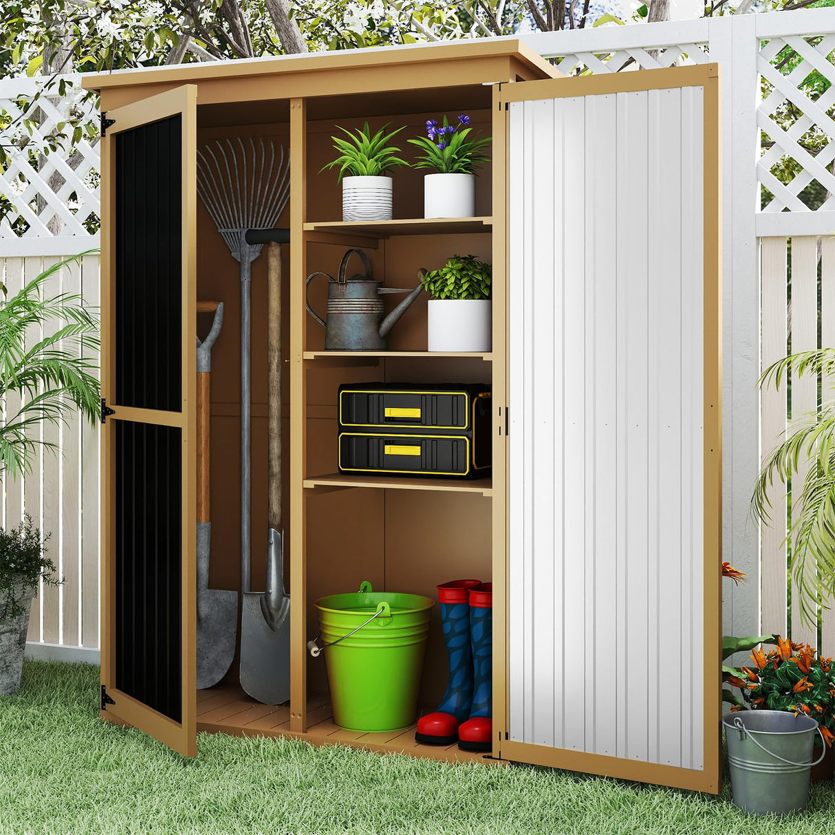 Outdoor Storage Shed with Shelf,Wood & Metal Storage Cabinet with Lockable Doors & Sloping Roof,Vertical Garden Shed for Patio Backyard,Tool Shed and Accessories, Brown Magazoopet