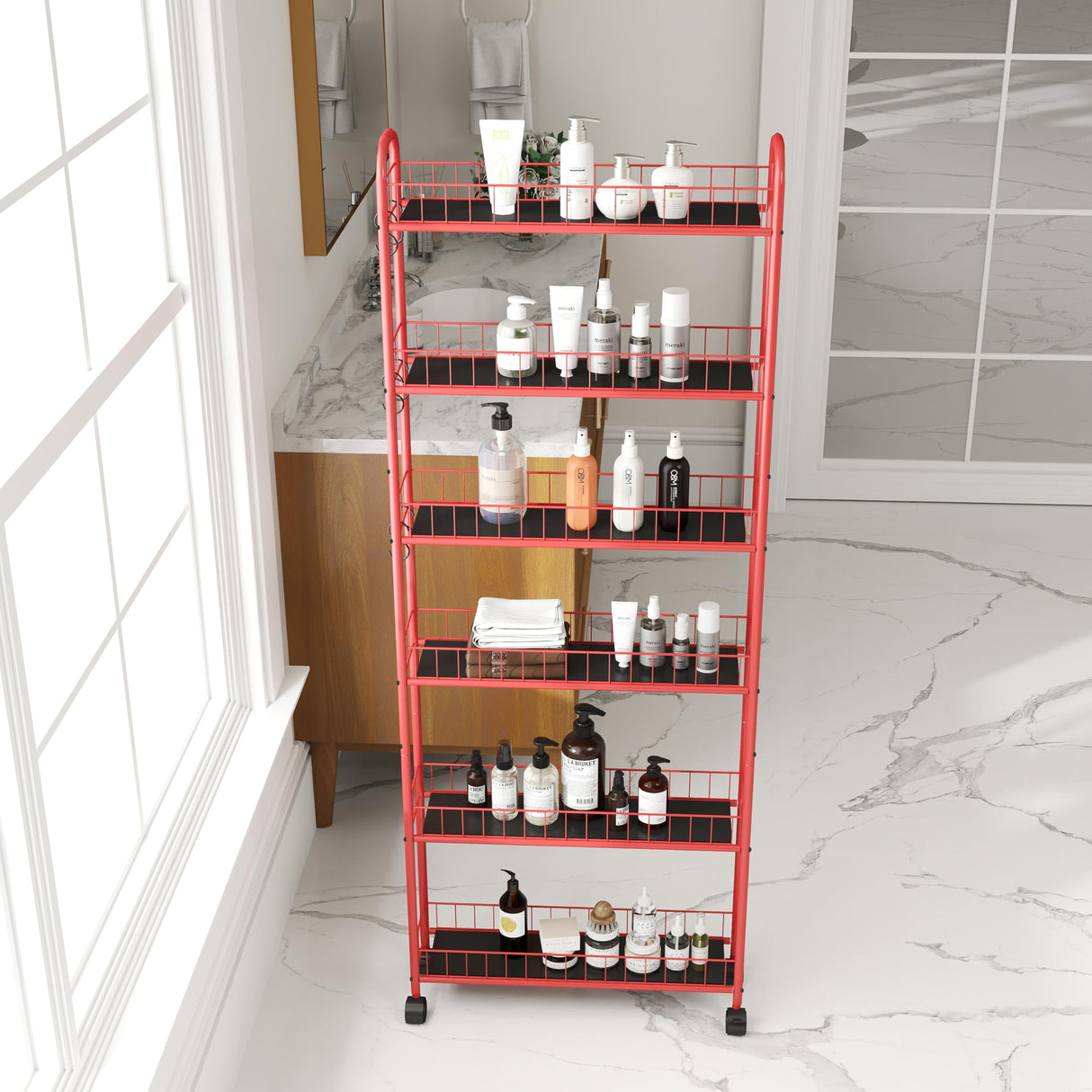 VFY 6-Tier Storage Cart Wire Slim Shelving Shelf with Wheels for Small Spaces, Rolling Tall Organizer Storage for Bathroom, Kitchen, Home, Garage, Bedroom, Closet (Red, 6" D) VFY