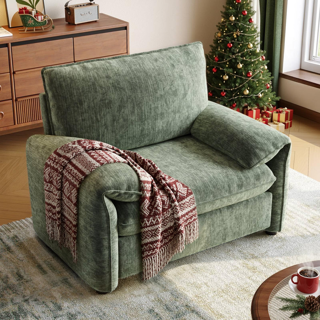 ONBRILL Oversized Accent Chair, 41 Inch Chenille Fabric Armchair, Comfy Single Sofa Chair with Padded Arms, Pocket Spring Cushion, Modern Reading Chair for Living Room, Bedroom, Green ONBRILL