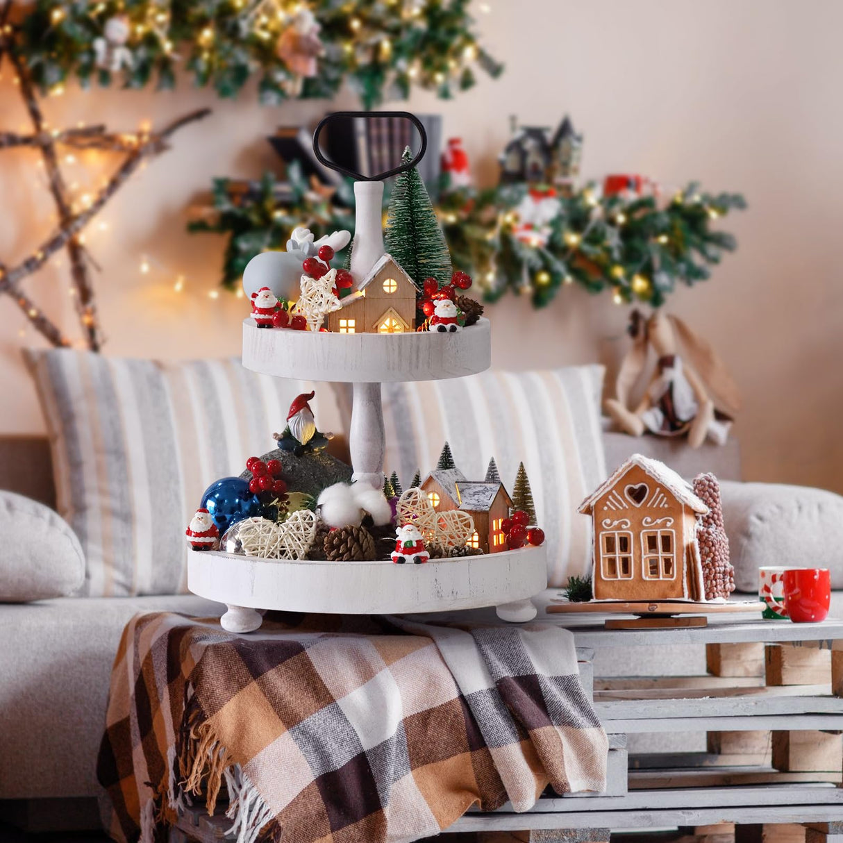 2 Tiered Tray Stand Decor, Wooden 13 Inch Tiered Tray Decor for Farmhouse, Kitchen, Coffee Bar, Home, Suit for Halloween, Fall Thanksgiving, Christmas, New Year BAIVV