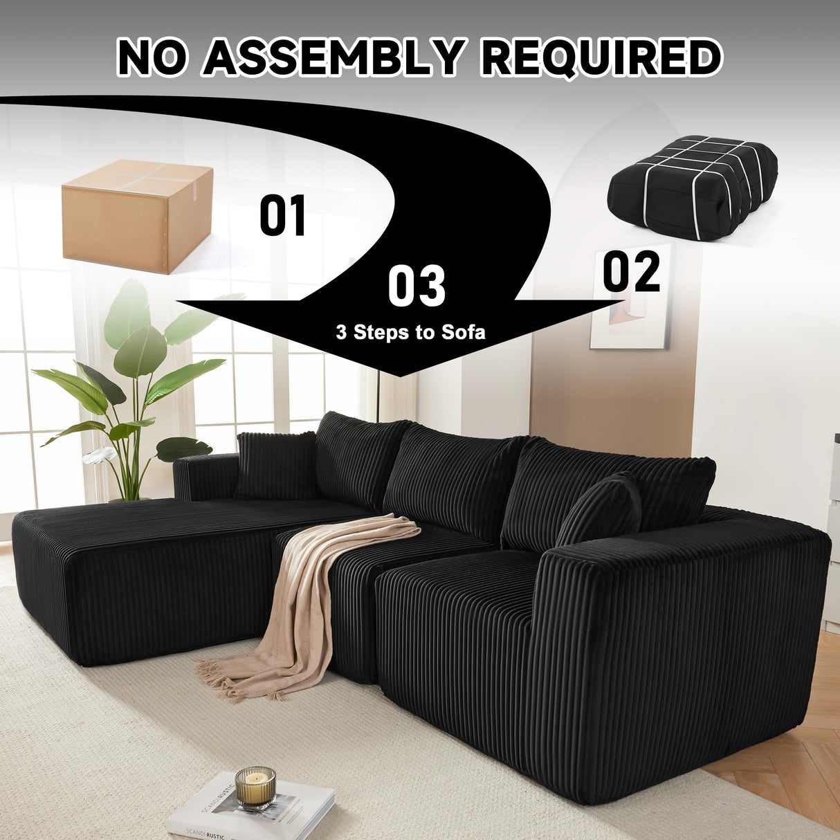 97" Boneless Couches for Living Room, Cloud Couch Sectional with Deep Seat, Comfy Couch with L-Shaped Chaise, Minimalist Upholstered Modular Sectional Sofa, No Assembly Required (Corduroy,Black) Huatean Home