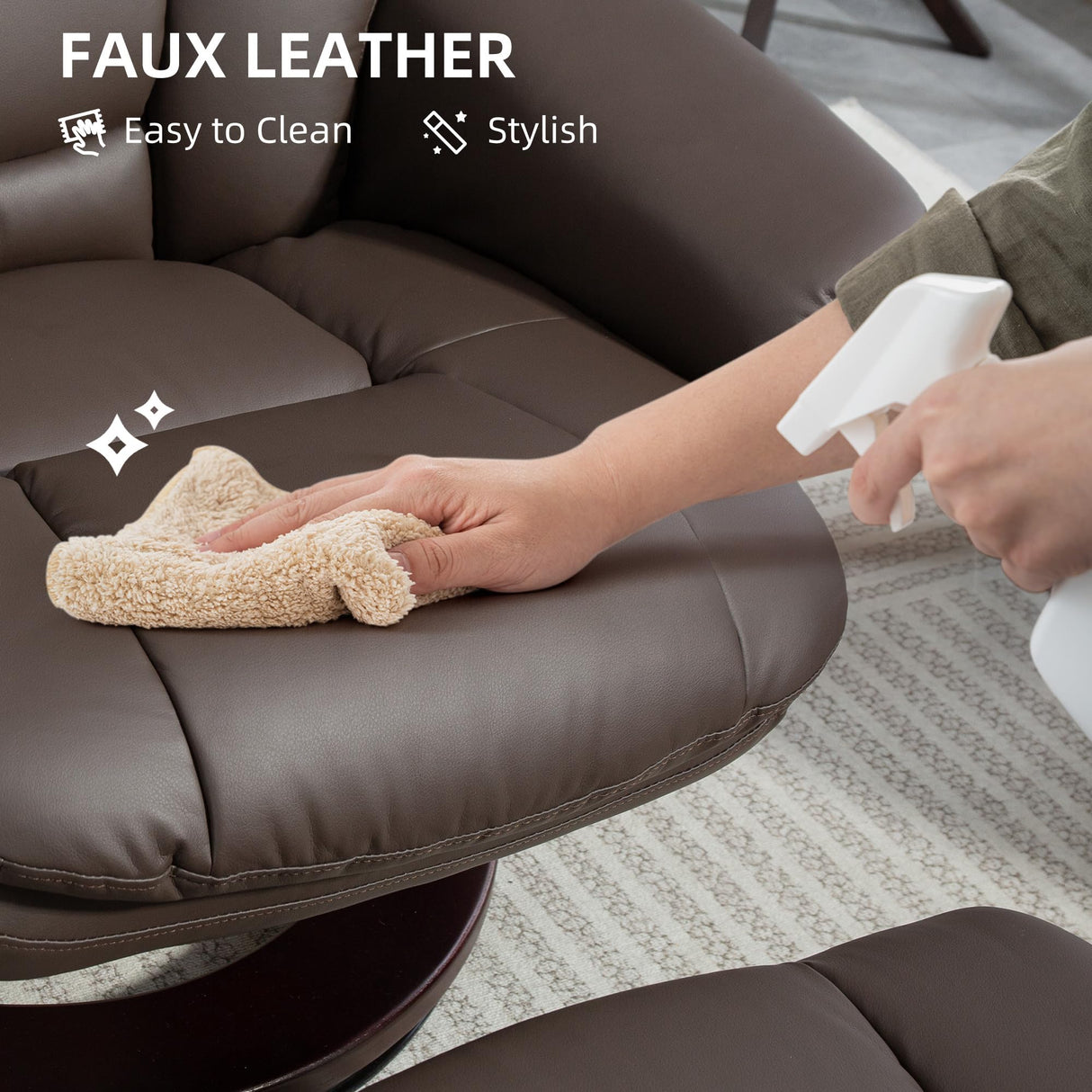 HOMCOM Recliner Chair with Ottoman, PU Leather Swivel Recliner with Comfy Footrest, Upholstered Adjustable Living Room Chair and Ottoman Set, Dark Brown HOMCOM