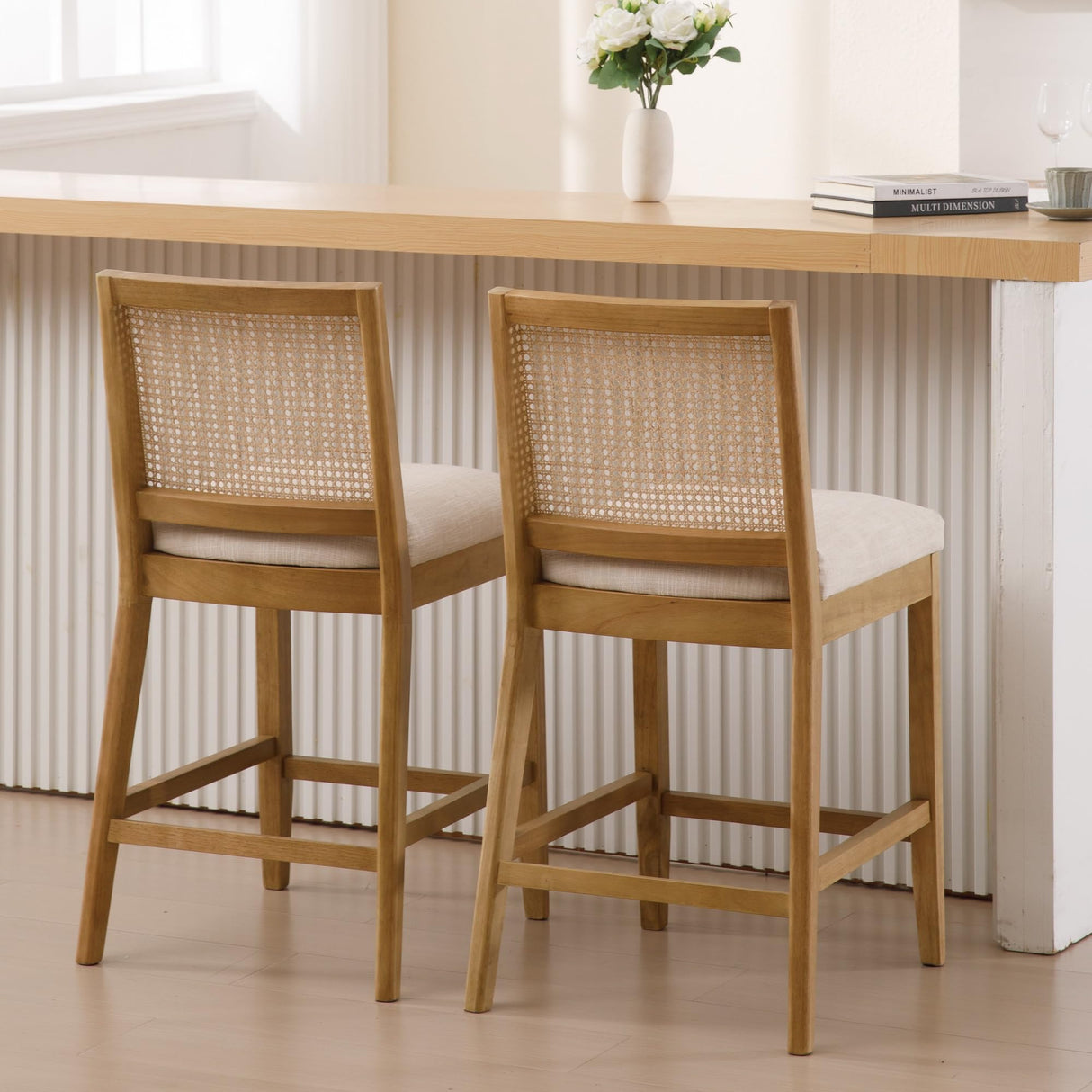 BESTANO Rattan Counter Stools Set of 4, 26 Inches Modern Counter Height Bar Stools Farmhouse Wooden Barstools with Back, Boho Linen Fabric Upholstered Kitchen Island Chairs, Cream BESTANO