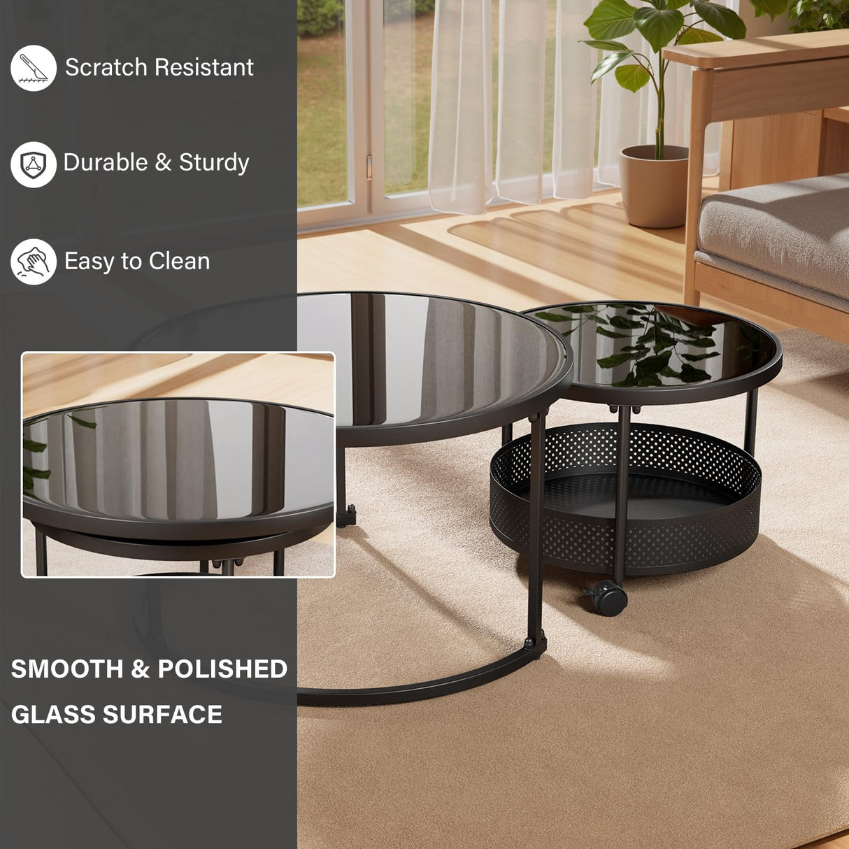 Belord 28” Versatile Nesting Round Coffee Tables Set of 2 for Living Room, Tempered Glass Stacking Nesting Table with Casters and Storage Black