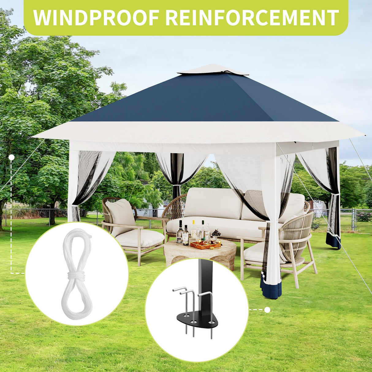 12x12ft Patio Gazebo, Outdoor Canopy with Mesh Walls, Pop Up Gazebo Tent with 4 Ropes 8 Stakes & Portable Carrying Bag, Double Roof, Easy Up Pavilion for Outside Garden, Backyard, Lawn Hipicute