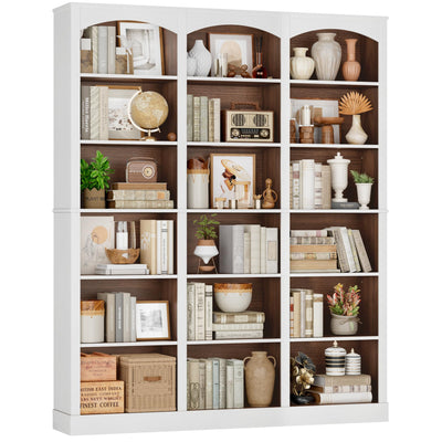 FACBOTALL 71" Triple Wide Bookshelf, 6 Tier Tall Bookshelf, Large Bookcase with Curved Baffle, 63.4" Wide Book Shelf with 18 Open Display Shelves for Living Room, Study, Walnut and White