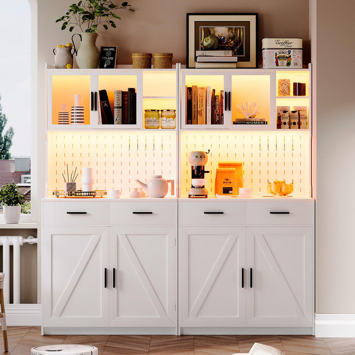 JDPAG LED Kitchen Pantry Cabinet with Outlets, Farmhouse Storage Cabinet with Drawers & Adjustable Shelves, Cupboard with Pegboard and Hooks for Dining Room (White), Large JDPAG