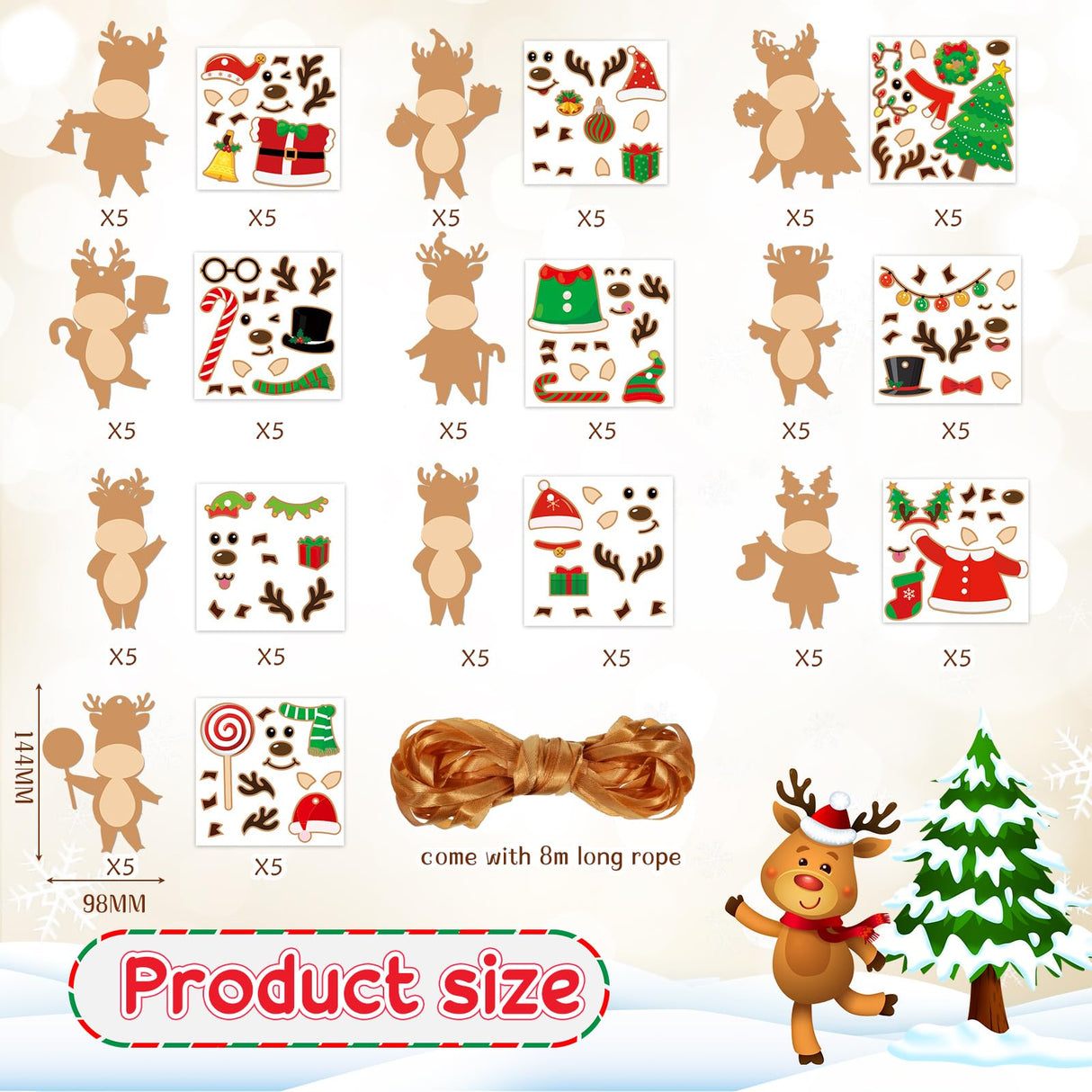 Dianelhall 50 Pcs Christmas Reindeer Craft Kit for Kids DIY Christmas Ornaments Craft Kit Fun Make Your Own Christmas Reindeer Sticker Accessories Craft Project for Xmas Tree Home Class Decoration Dianelhall