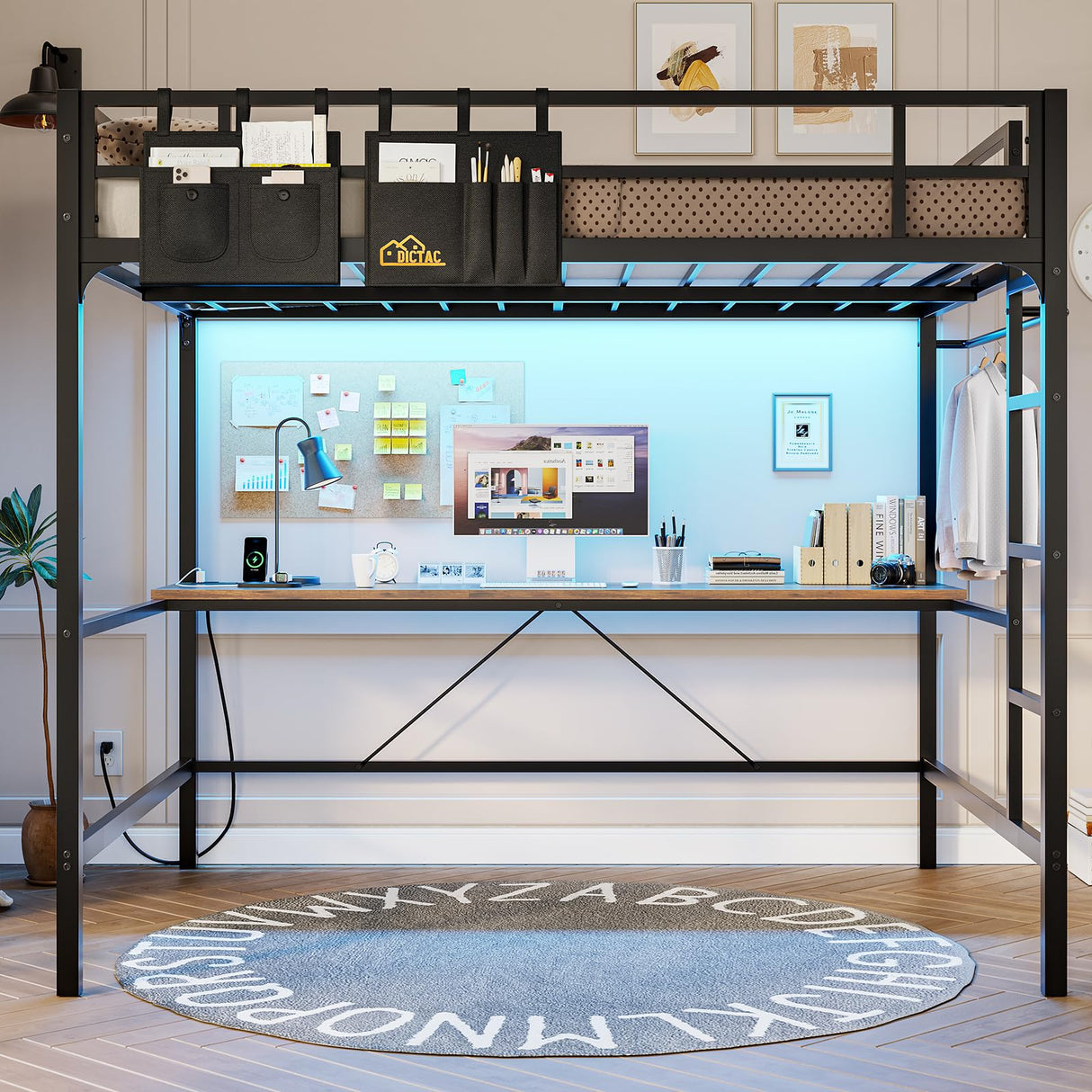 DICTAC Loft Bed Full Size with Desk and Led Lights Full Metal Loft Bed with Charging Station Full Size Metal Bed Frame with Safety Guard & Ladder, Space-Saving,No Noise,No Box Spring Needed, Black DICTAC
