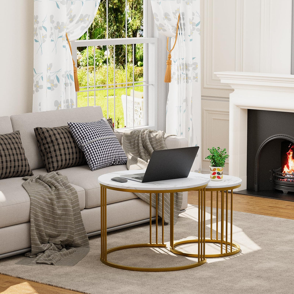 Garden 4 you Coffee Table Faux Marble Nesting Table for Small Place 2 Sets Modern Furniture Living Room Sets End Side Table Night Stand for Bed Room Dining Room (White & Gold) Garden 4 you