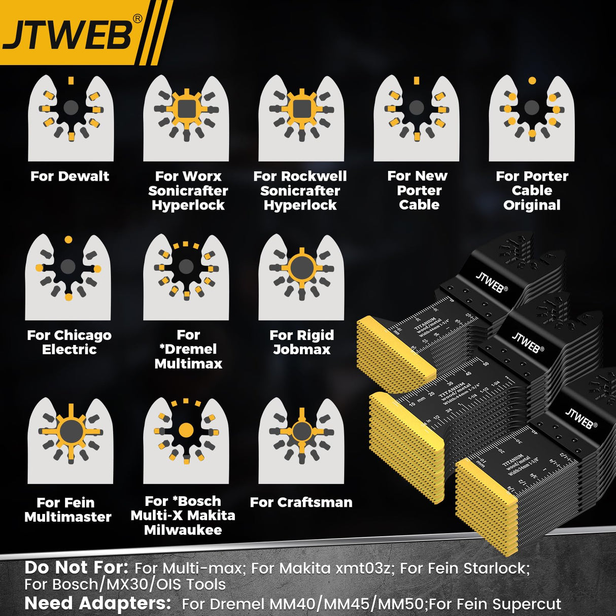 JTWEB 15PCS Titanium Oscillating Saw Blades, Multitool Blades Oscillating Tool Blade Metal Cutting for Wood Nails, Screws, Plastic, Multi Tool Blades Kits for Dewalt Milwaukee Bosch Ryobi JTWEB