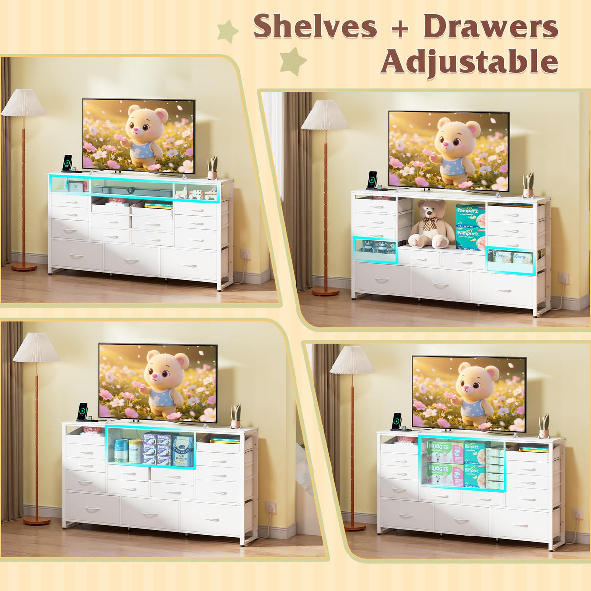 WLIVE White TV Stand for 55, 60, 65 inch TV, Entertainment Center with LED Lights & Charging Station, TV Media Console Table with 15 Fabric Drawers and Open Shelves for Living Room, Hallway, Wood Top WLIVE