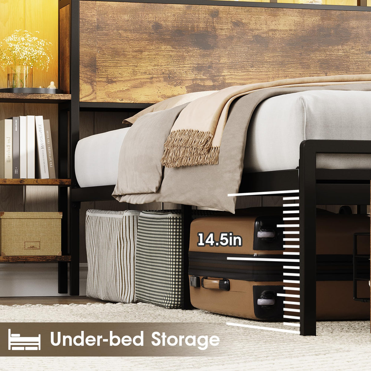 Maupvit Twin Bed Frame with 3-Tier Storage Shelves, Storage Drawer and Headboard, Twin Size Bed with Charging Station & LED Lights, Metal Platform Bed with Storage, No Box Spring Needed, Brown Maupvit