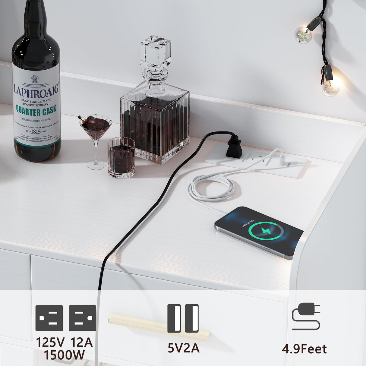 Wine Bar Cabinet with LED Strips, 47.1" Wine Cabinet with 3 Drawer and Power Outlet, Modern Liquor Cabinet with 2 Adjustable Shelves and 2 Glass Door for Living Room, Dining Room wanan