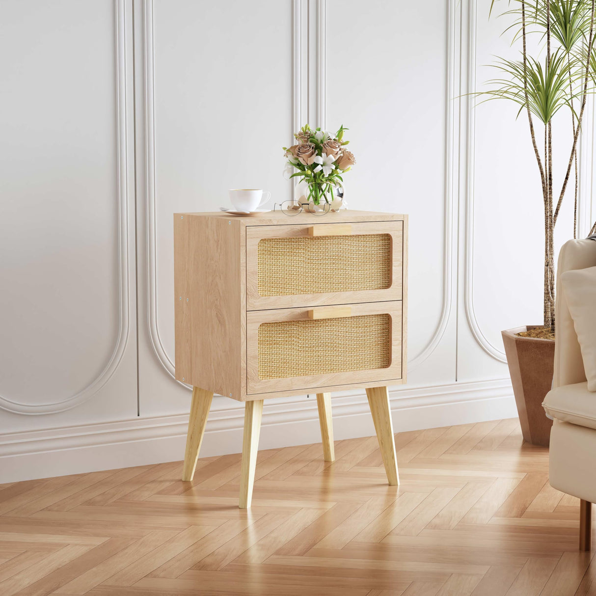 YAUKOMEL Rattan Nightstand, Small End Table, Side Table with Hand Made Rattan Decorated Drawers,Boho Bedside Table,Wood Accent Table with Storage for Small Space,Livingroom, Bedroom, Natural CTG59Y YAUKOMEL