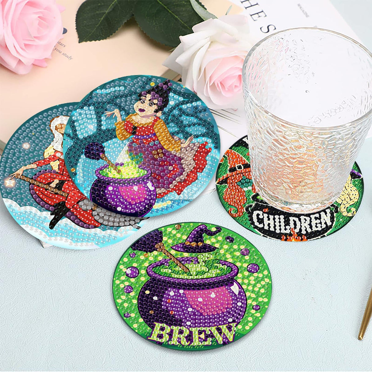 CEUHROG 6 Pcs Diamond Paintings Coasters Kits with Holder, DIY Halloween Coaster Diamond Art Kits,Full Drill Rhinestone Painting Kits for Adults Ki,Beginners Art Craft Supplies CEUHROG