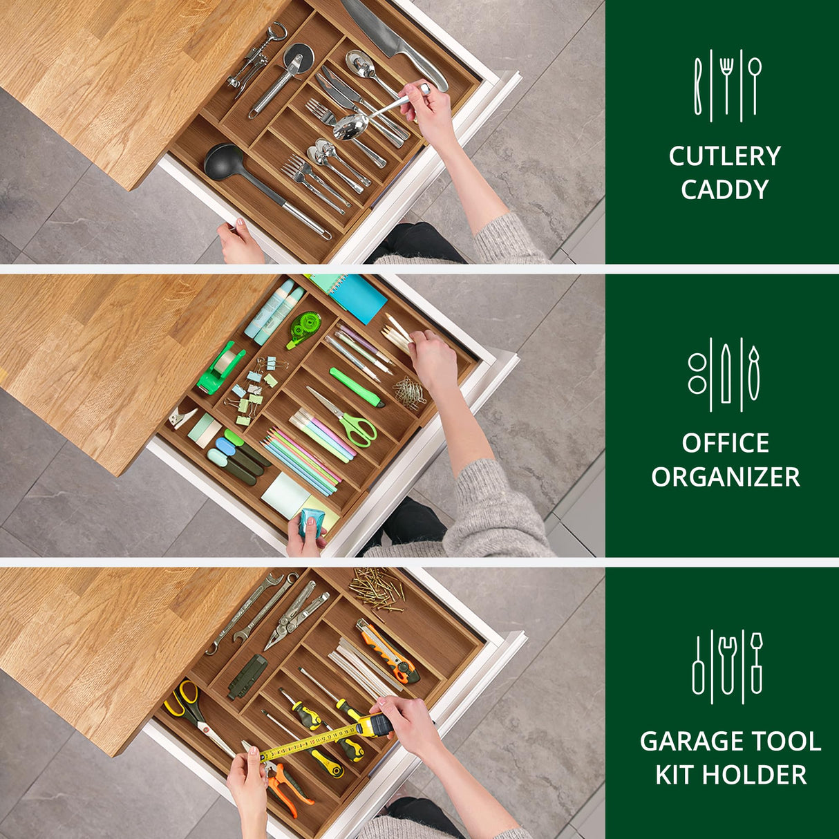 ROYAL CRAFT WOOD Luxury Bamboo Kitchen Drawer Organizer - Silverware Organizer - Utensil Holder and Cutlery Tray with Grooved Drawer Dividers for Flatware and Kitchen Utensils (9 Slot, Brown Bamboo) ROYAL CRAFT WOOD