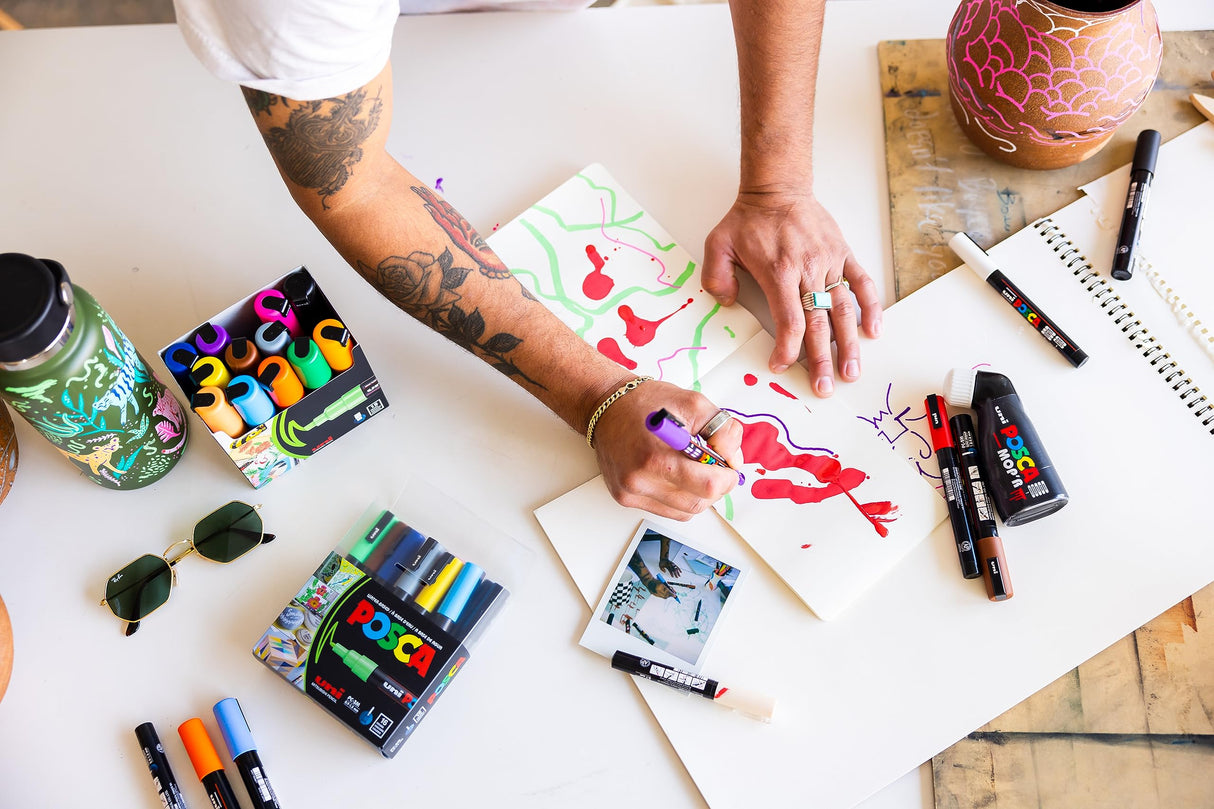 Posca Markers Set, 8 Medium Paint Markers 5M – Warm Tones – Ivory, Beige, Apricot, Ochre, Bright Yellow, Ruby Red, Dark Red, Cacao Brown posca