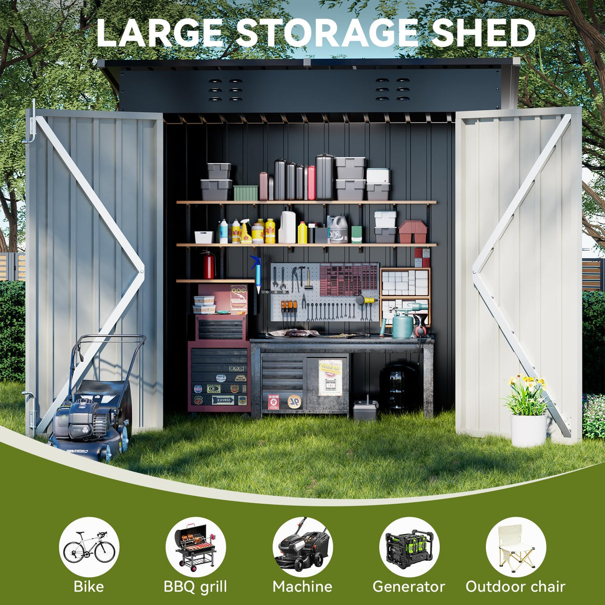 COMHOMA Shed Outdoor Storage Shed Metal,Lockable Doors Tool Sheds with Sloping Roof,Steel Garden Shed with Air Vent for Backyard,Patio,Lawn,Poolside (Black, 6'*4') COMHOMA