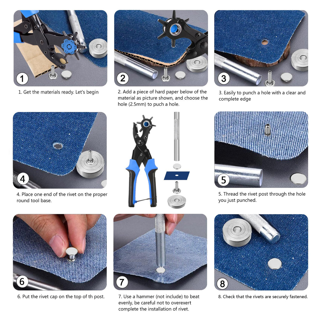 Belt Hole Puncher with 240 Sets of Leather Rivets - Updated Hole Sizes Puncher for Belt, Watch Band, Strap, Dog Collar, Saddle, Shoes, Fabric, DIY Home or Craft Project YIDAAN