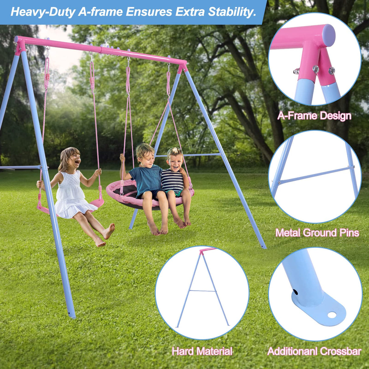 Lunafun Swing Set, 440lbs, Heavy-Duty A-Frame Metal Outdoor Swing Stand, 1 Saucer & 1 Belt Swing seat for Playground, Backyard Pink Lunafun