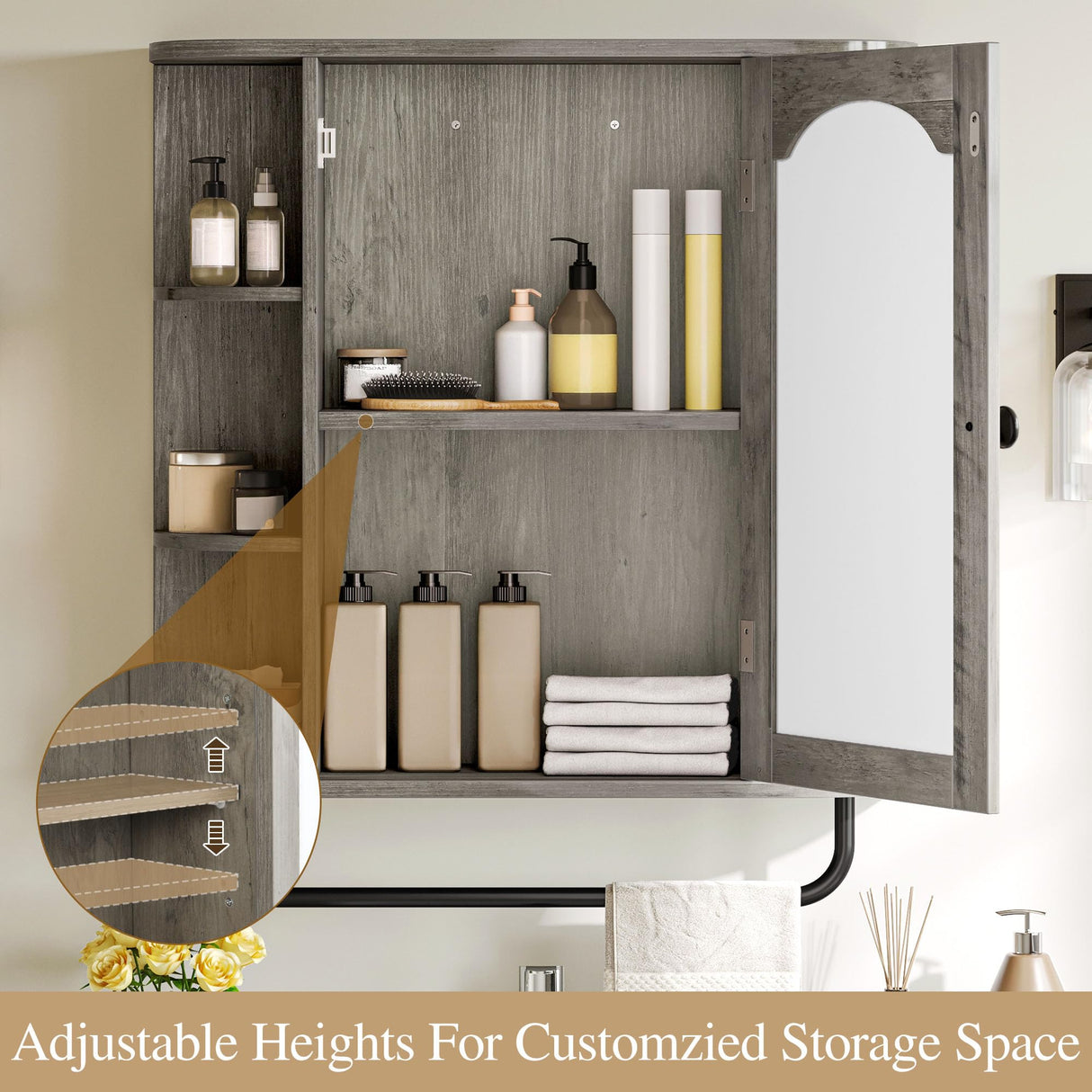 YITAHOME Bathroom Cabinet, Medicine Cabinet Organizer, Wall-Mounted Storage Cabinet with Large Mirror, Wall Cabinet with Adjustable Shelf, Medicine Cabinet for Bathroom and Laundry Room, Grey YITAHOME