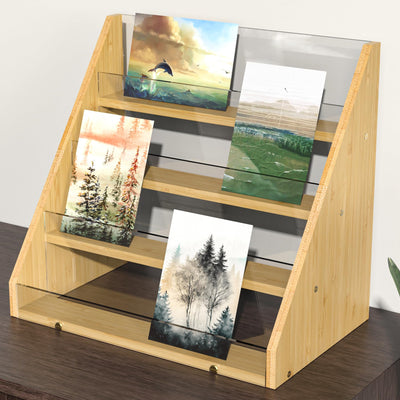 NiHome 4-Tier Bamboo & Acrylic Greeting Card Display Stand for Cards, Photos, Postcards - Durable Stylish Showcase Organizer with High-Transparency Panels for Home, Wedding & Keepsakes