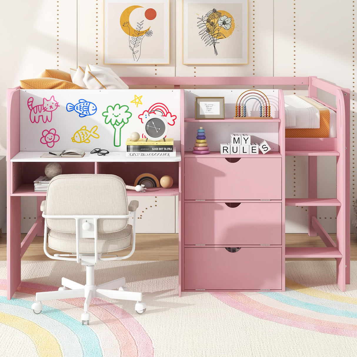 Merax Full Size Low Loft Bed with Built-in Desk,Storage Cabinets and Open Bookcase,Whiteboard for Graffiti,Pink Merax