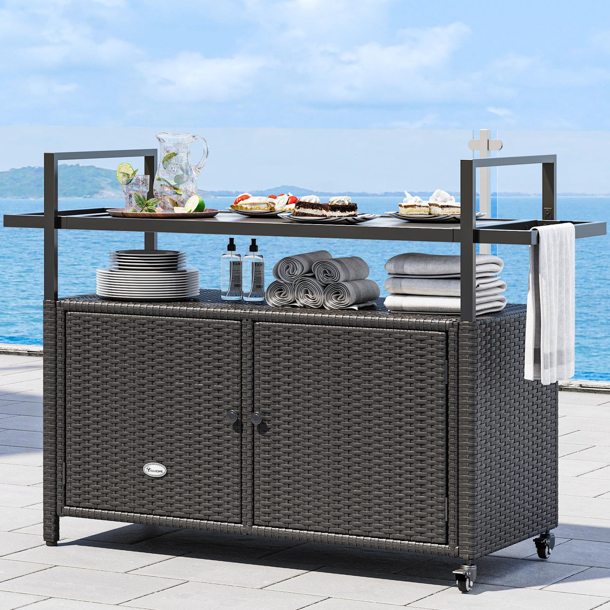 YITAHOME Large Outdoor Kitchen Wicker Island Rolling Cart & Patio Bar Table, w/Wheels and Black Glass Table Top Backyard and Poolside Dark Brown YITAHOME