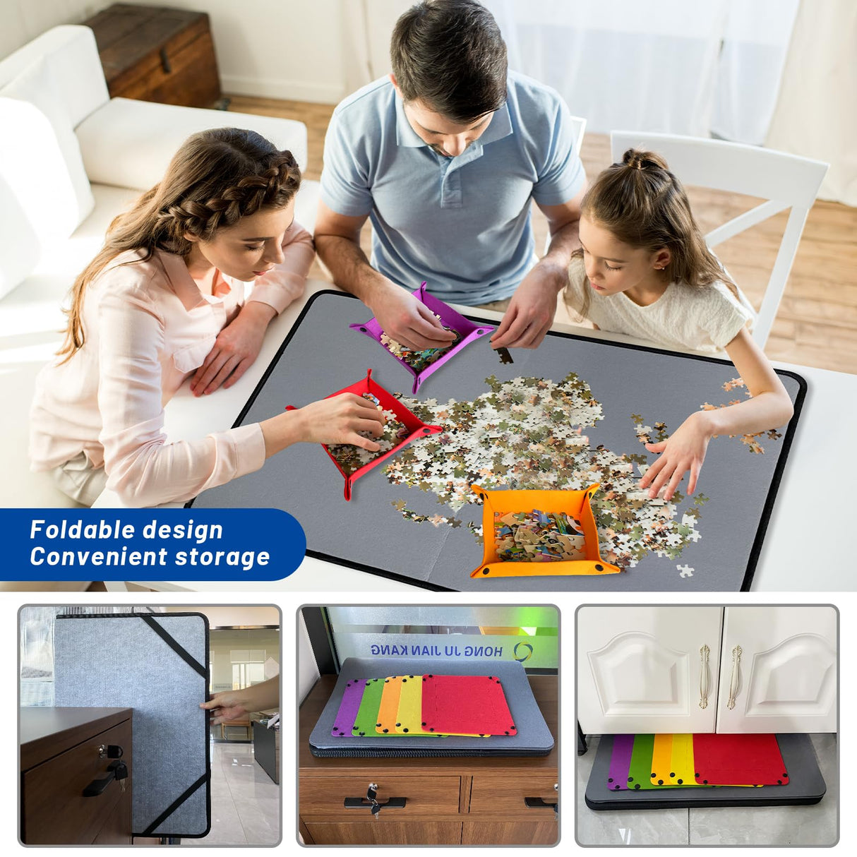 Folding Puzzle Board with 6 Sorting Trays and Felt Mat,for Storage and Saver, Non-Slip Surface,for Puzzle Board 1000 Pieces QCFDLCX