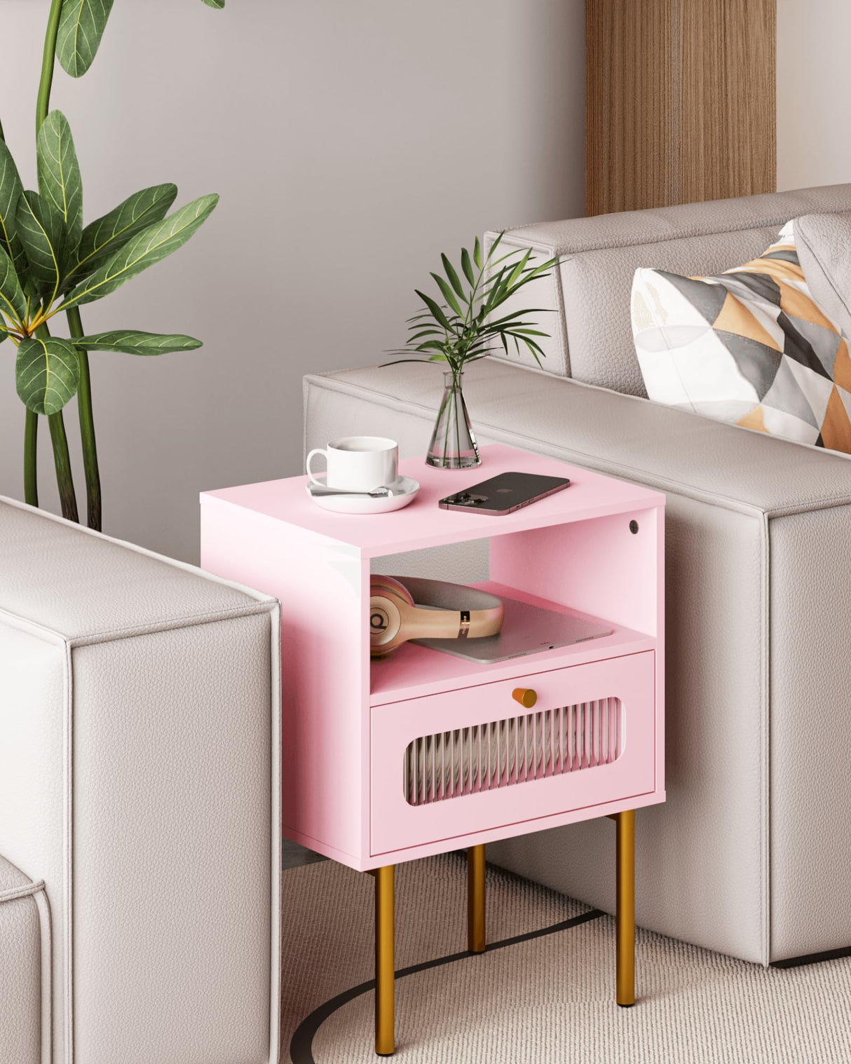 Leomonio Nightstand,Modern Beside Table with Storage Drawer and Open Wood Shelf,Small End Side Table with Glass Decorative Door and Gold Frame,for Living Room,Bedroom (Pink) Leomonio